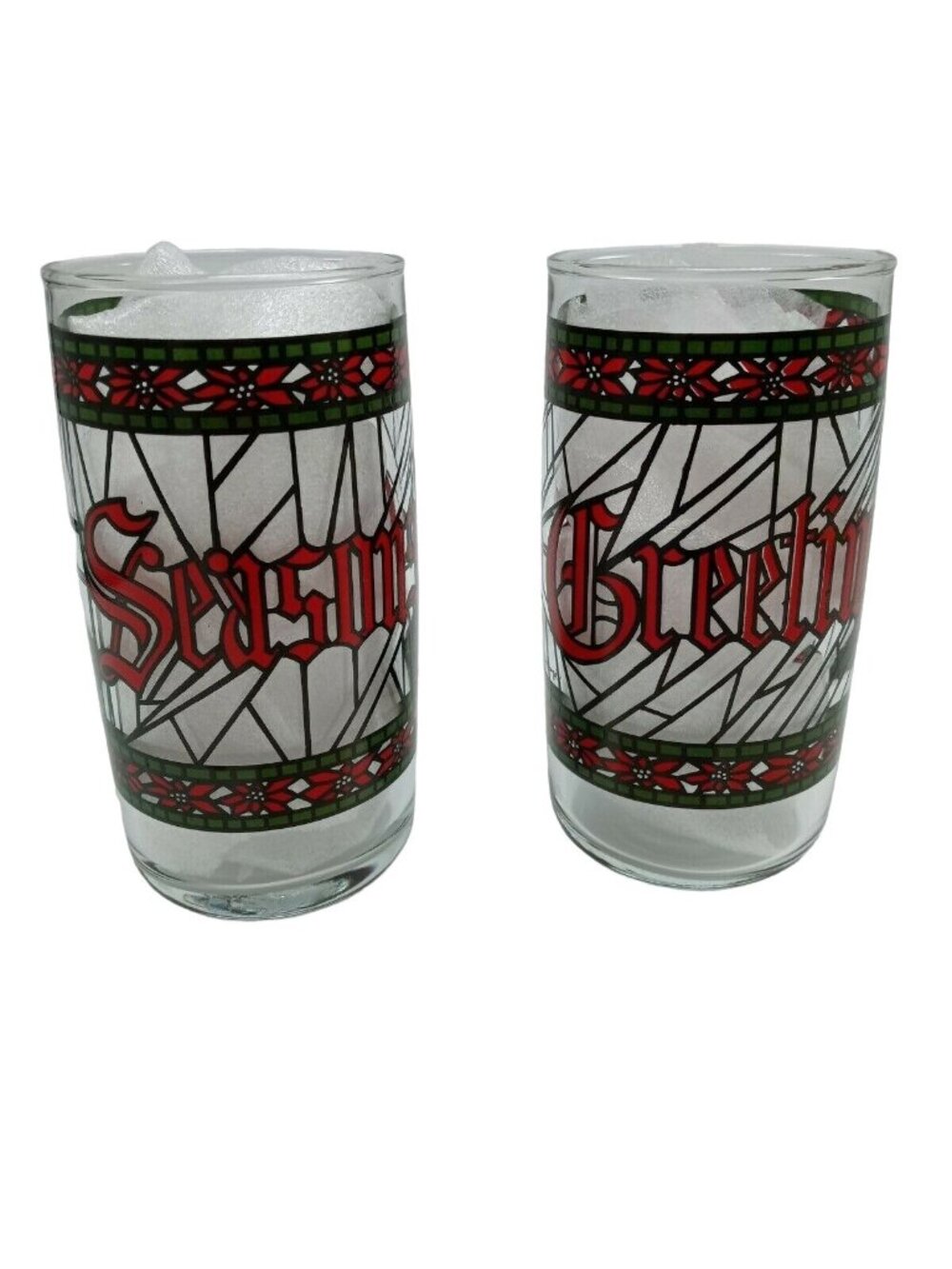 Houze Seasons Greetings Holiday Glasses Set of 2 Vintage Poinsettia Glass Style